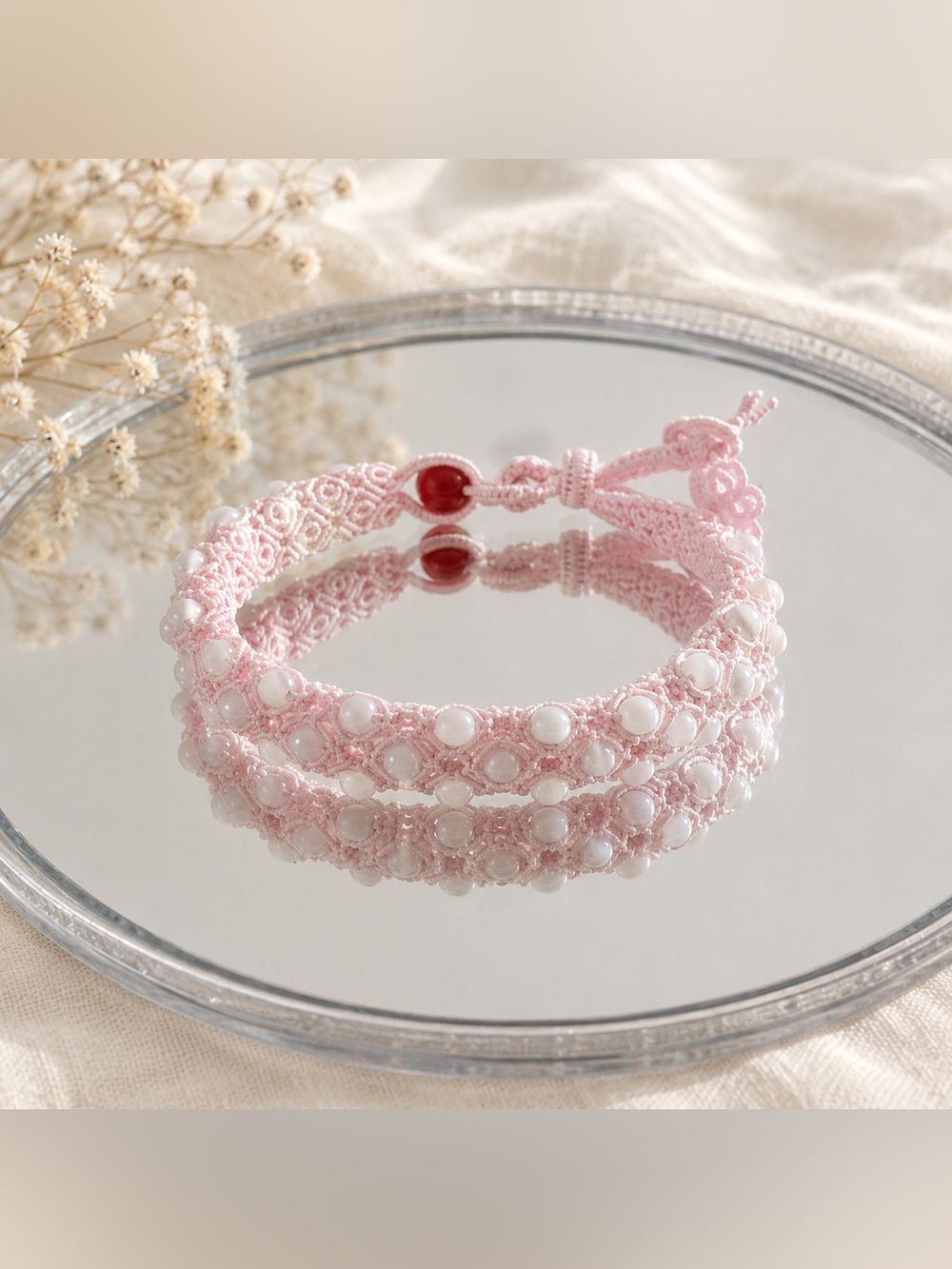 Handmade Pink Macrame Bracelet with White Beads – Adjustable Boho Bracelet